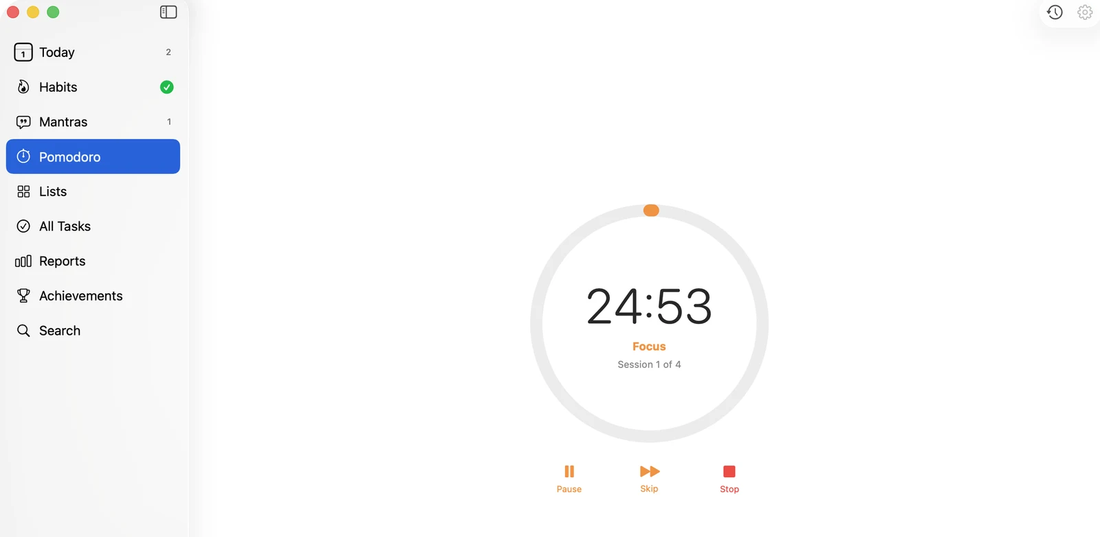 TasksDojo on Mac showing the Pomodoro timer