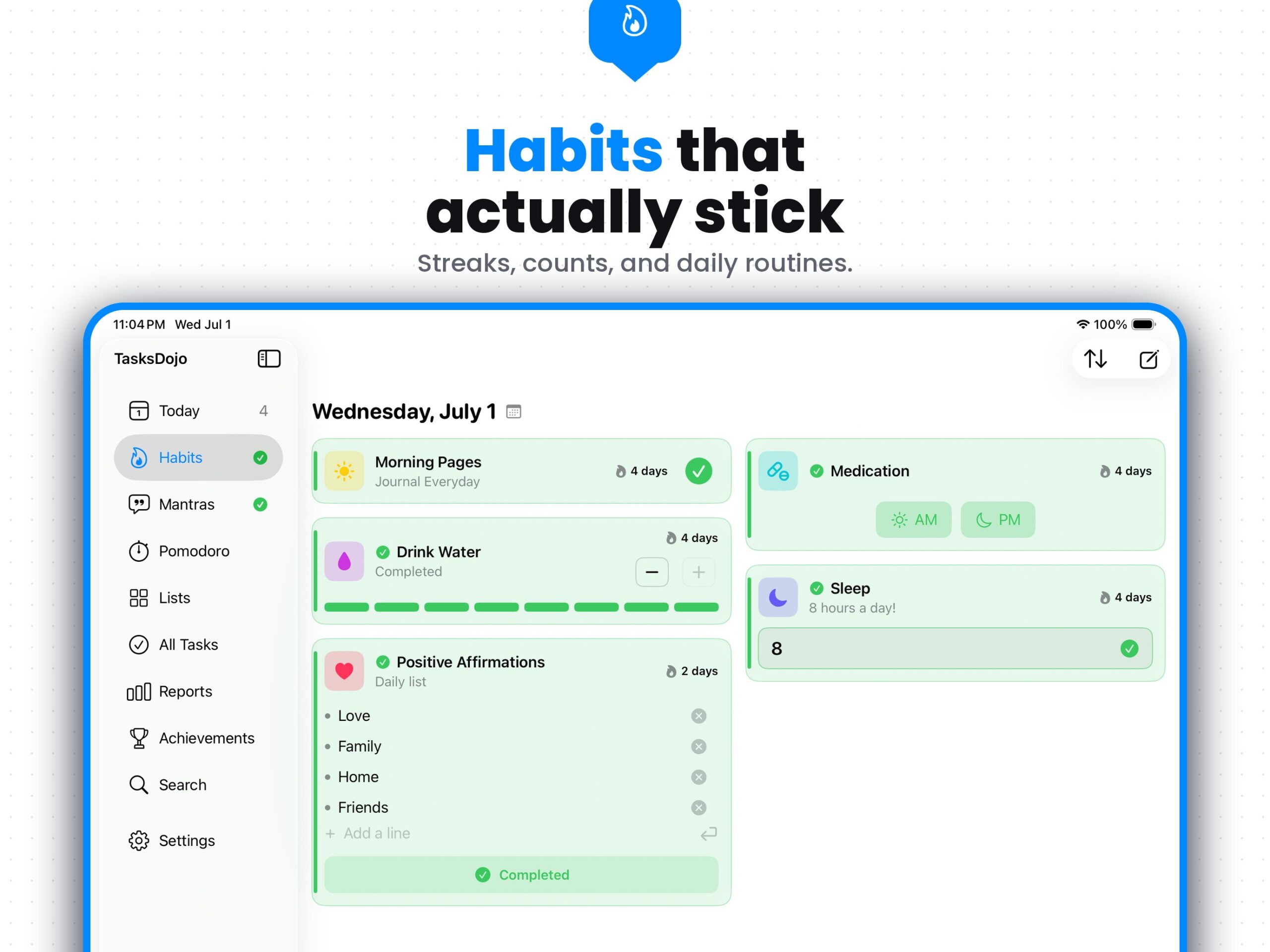 TasksDojo on iPad, Habits view