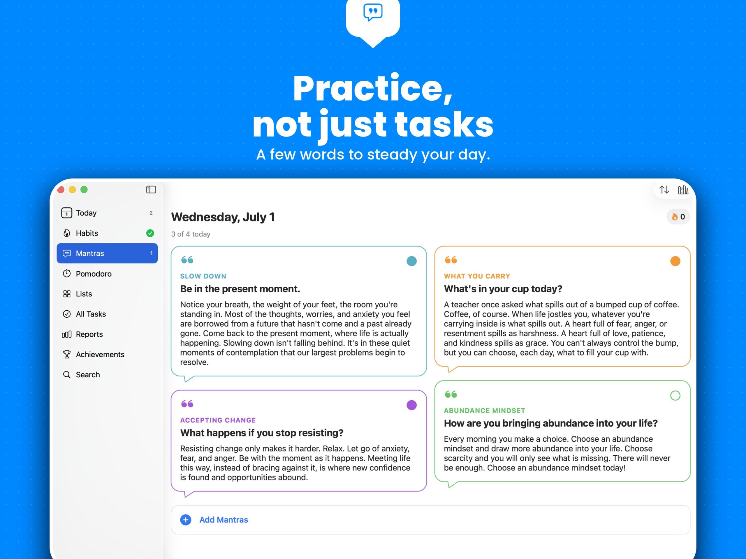 TasksDojo on iPad, Mantras view