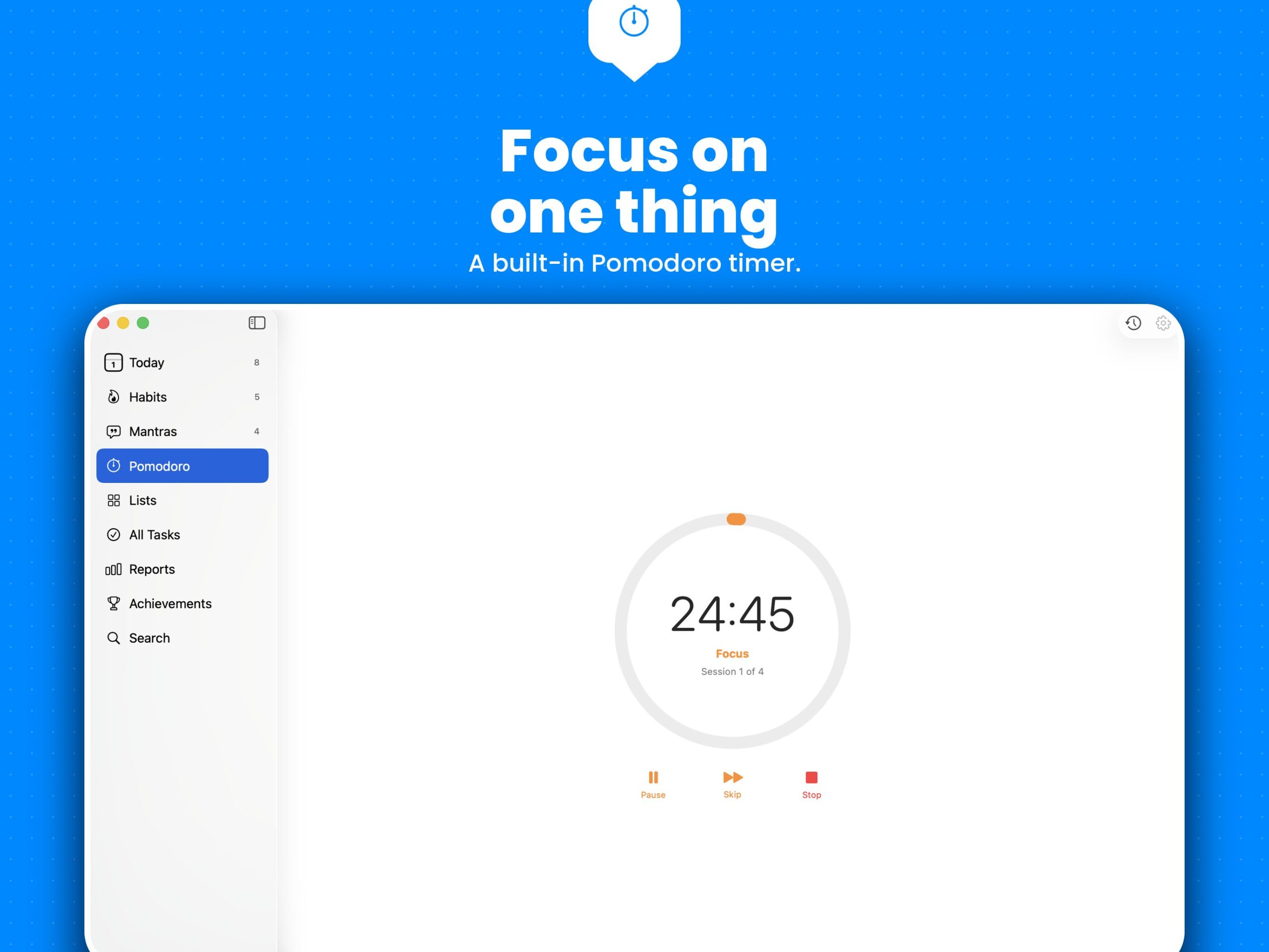 TasksDojo on iPad, Pomodoro view