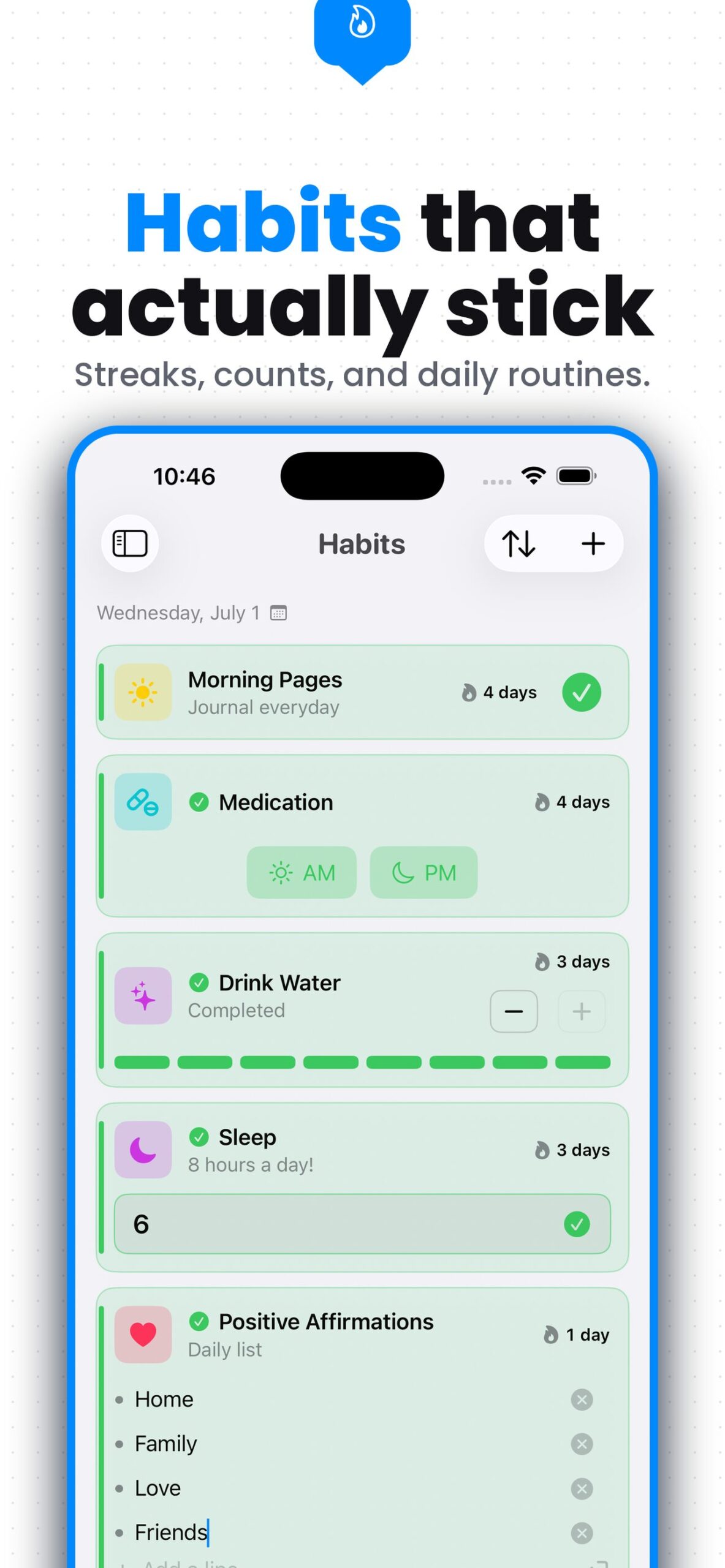 TasksDojo on iPhone, Habits view