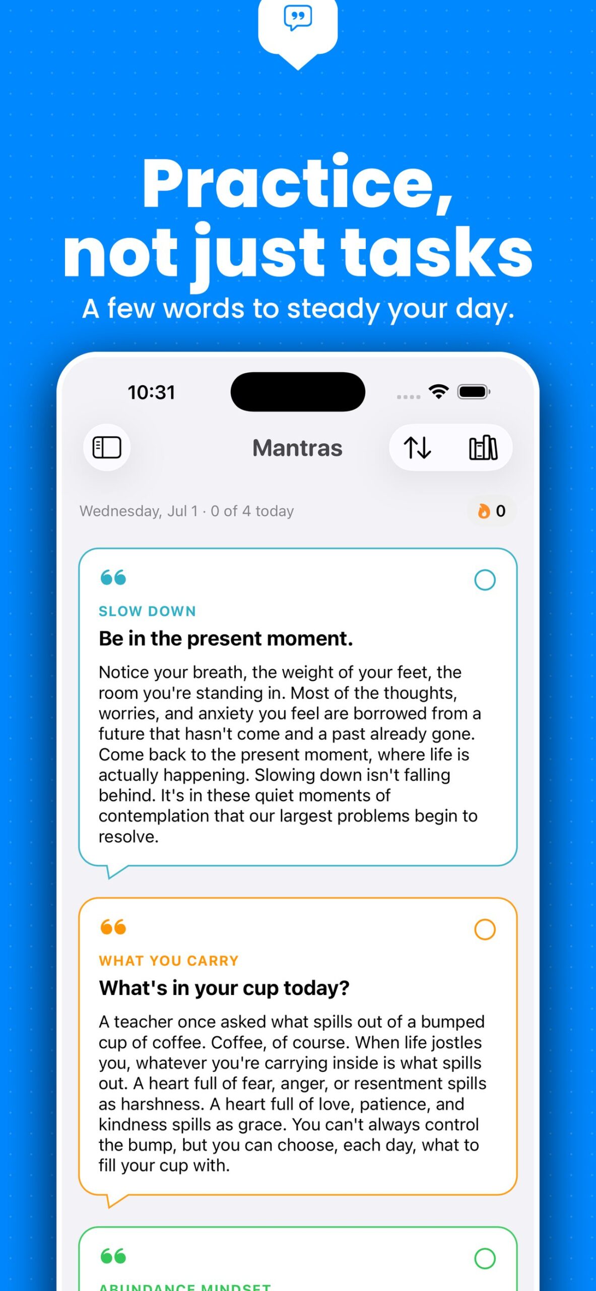 TasksDojo on iPhone, Mantras view