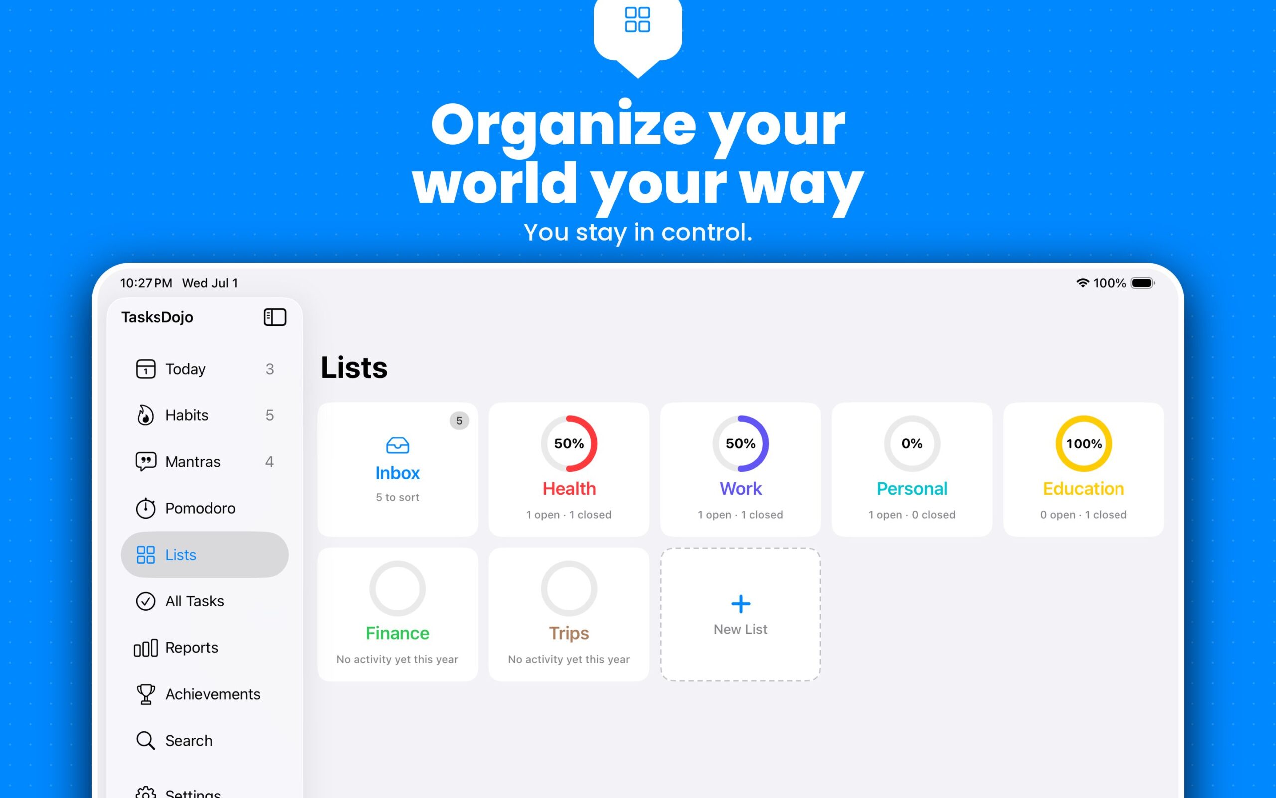 TasksDojo on Mac, Lists view