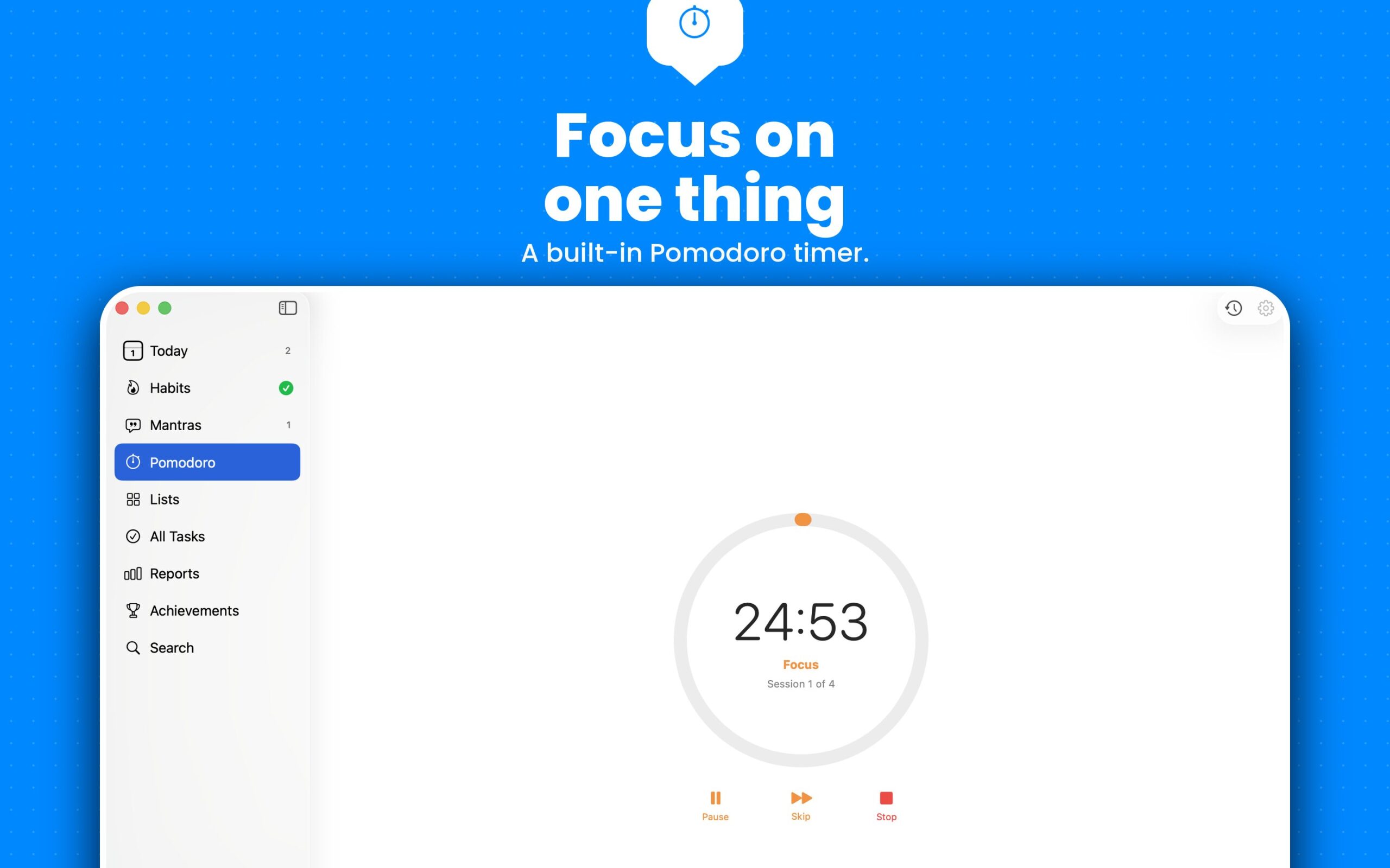 TasksDojo on Mac, Pomodoro view