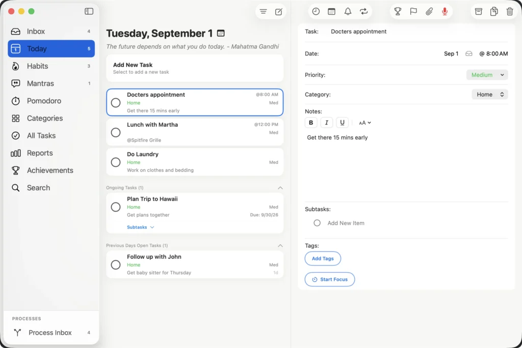 The TasksDojo Today screen on Mac, showing the days tasks beside the task editor