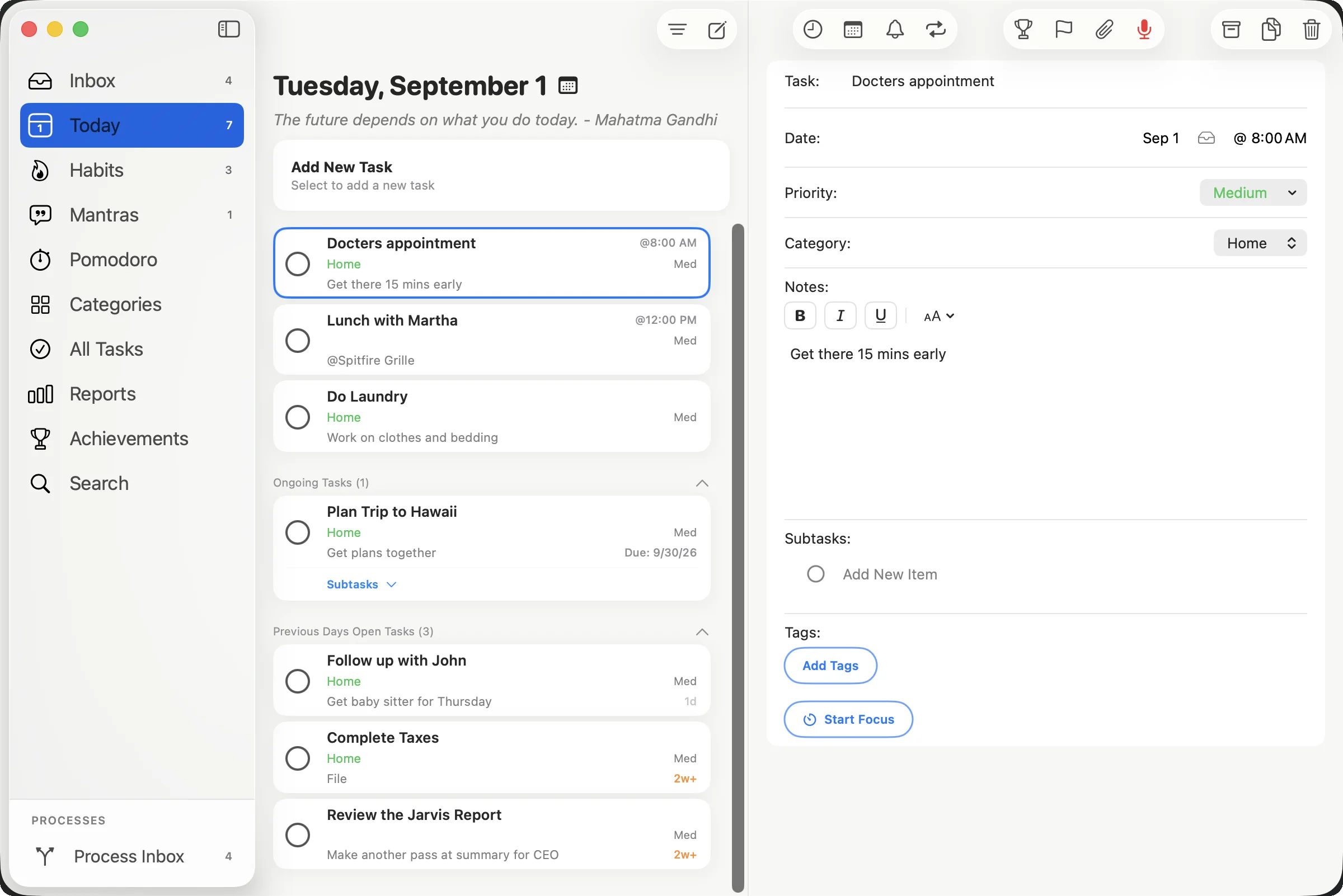 Previous Days Open Tasks in TasksDojo, with gray and orange age labels showing how long each task has waited